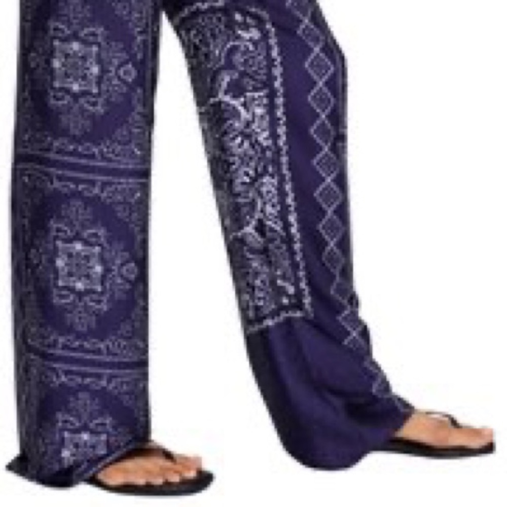 Zara Wide Leg Print Silky Navy Pants XS NWT